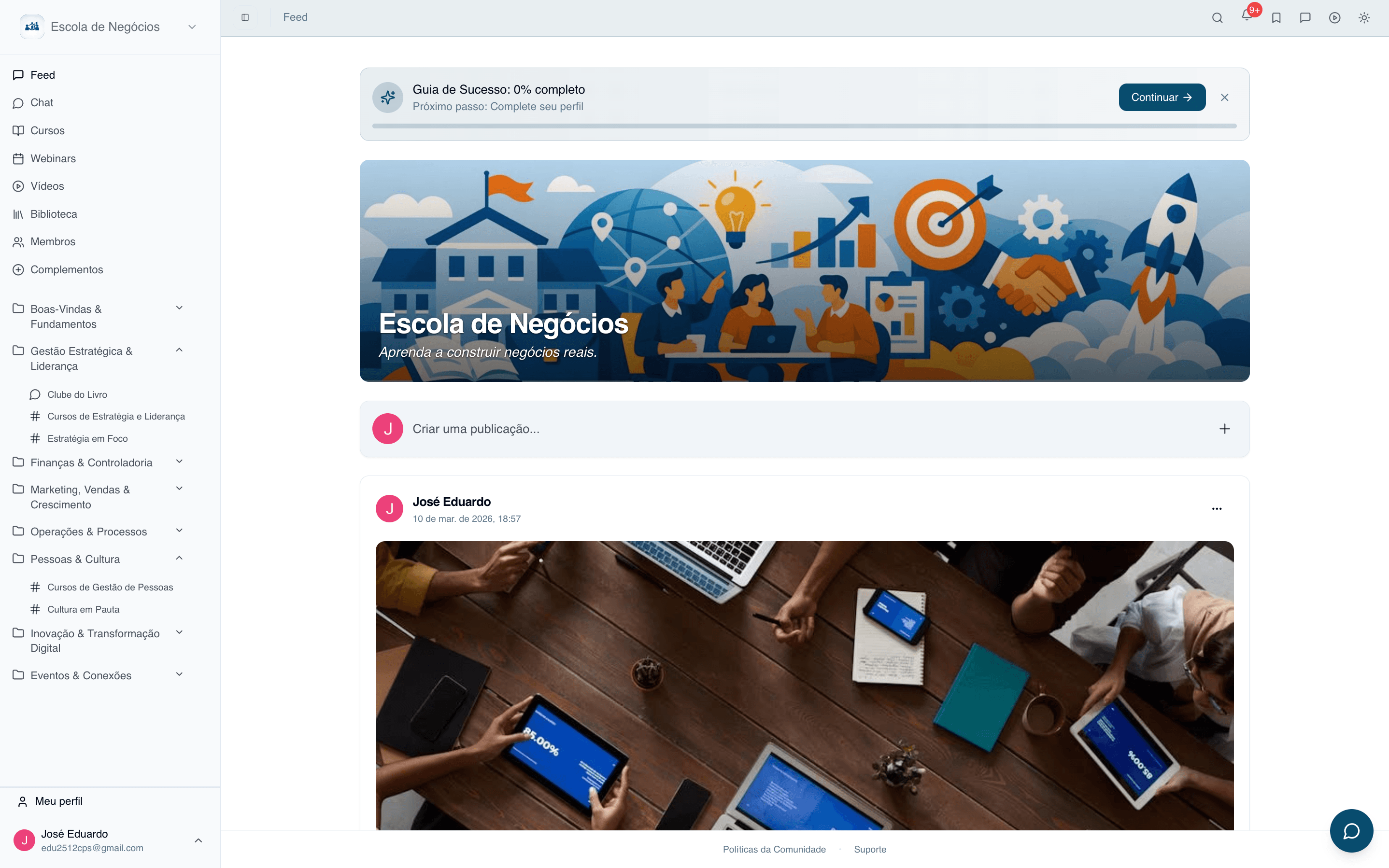 Feed de comunidade Tandria — publicações, banner e onboarding