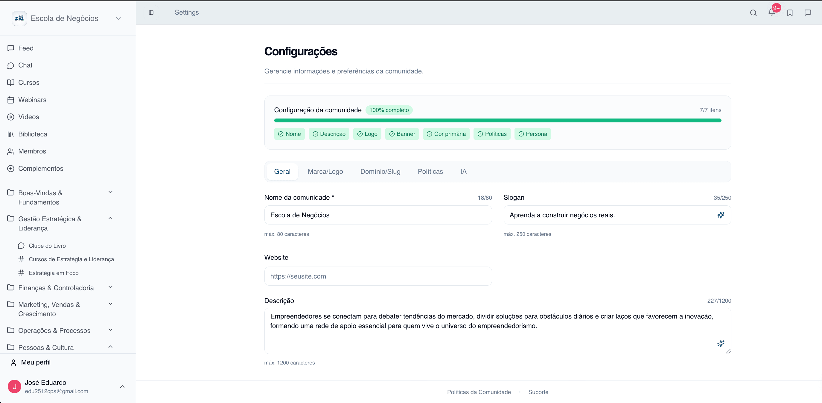 Configurações Tandria — setup wizard com progresso 100%