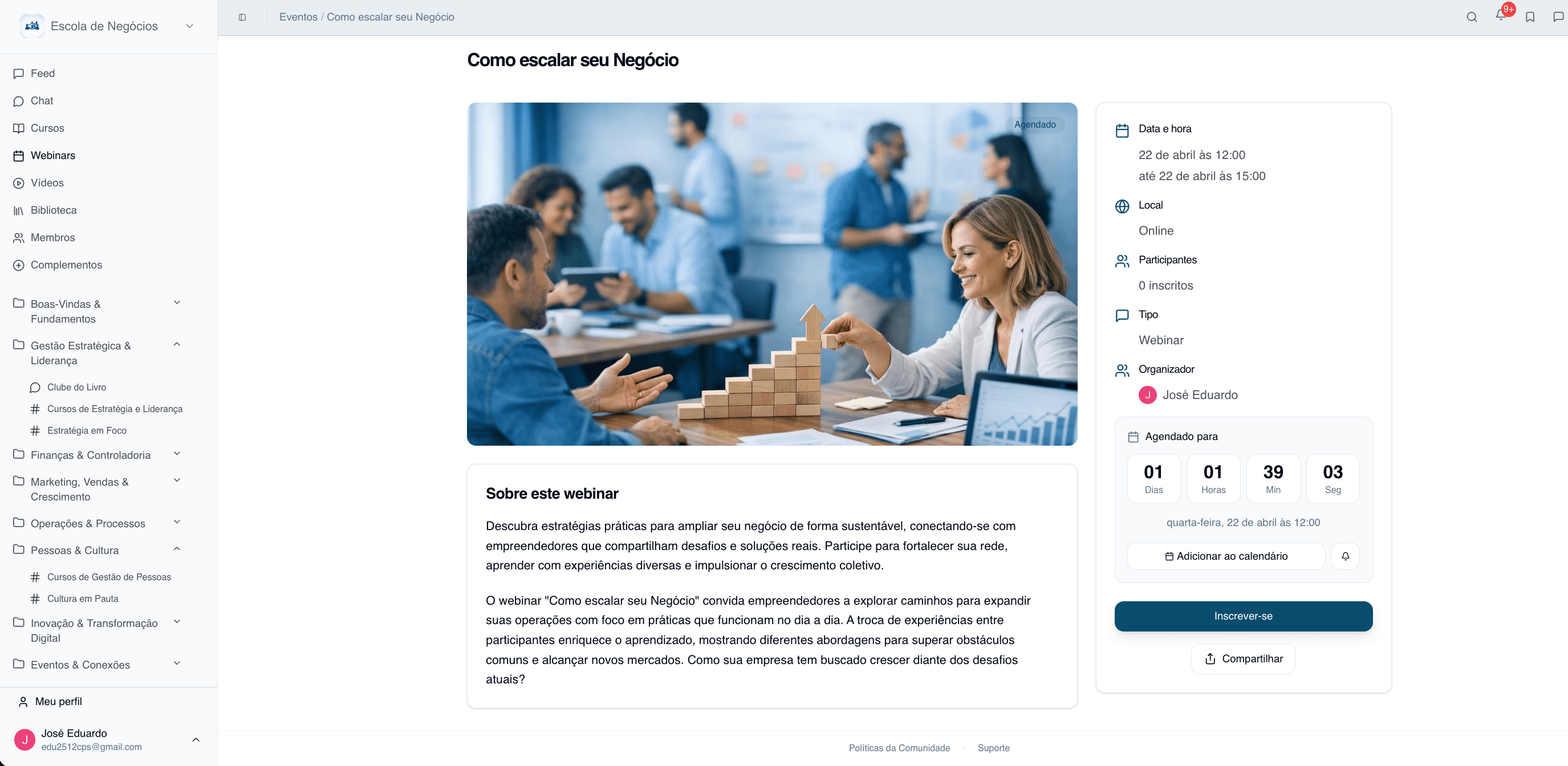 Webinar Tandria — evento agendado com countdown e inscrição